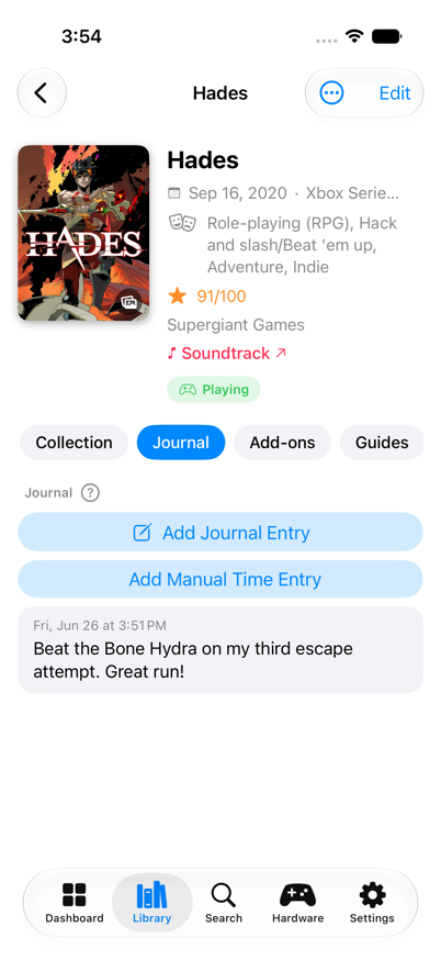 A game's play journal