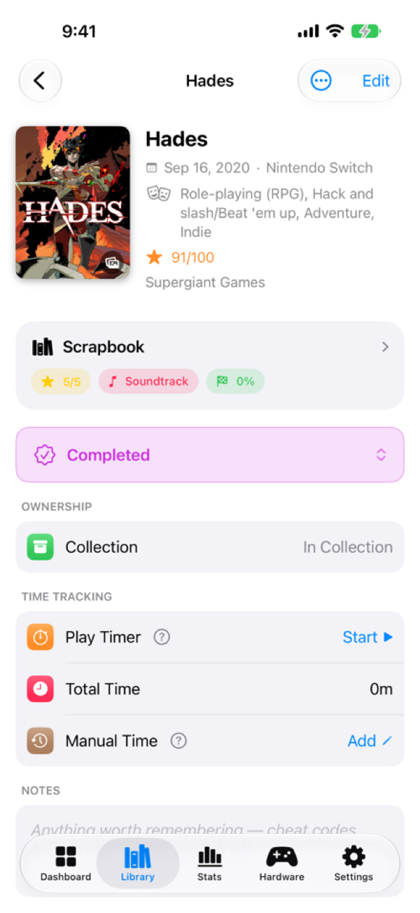 A game's detail page with the Scrapbook