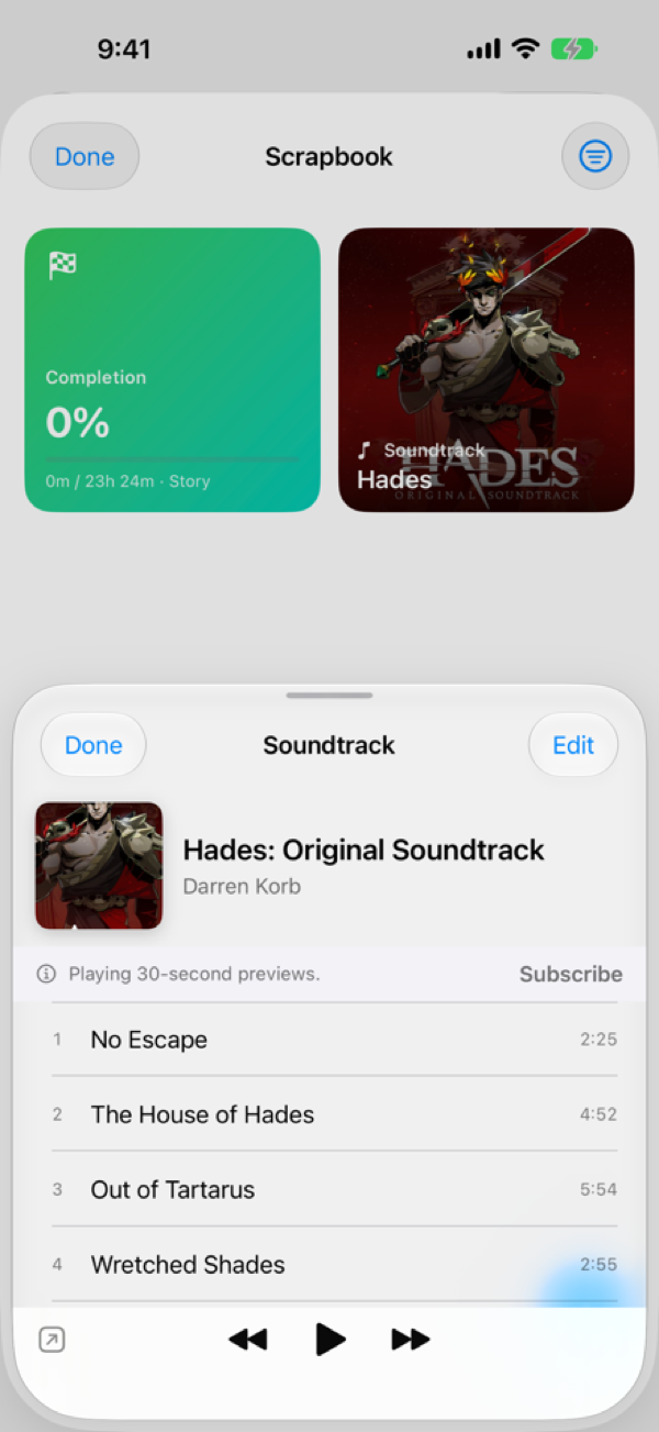 The Scrapbook and in-app soundtrack player